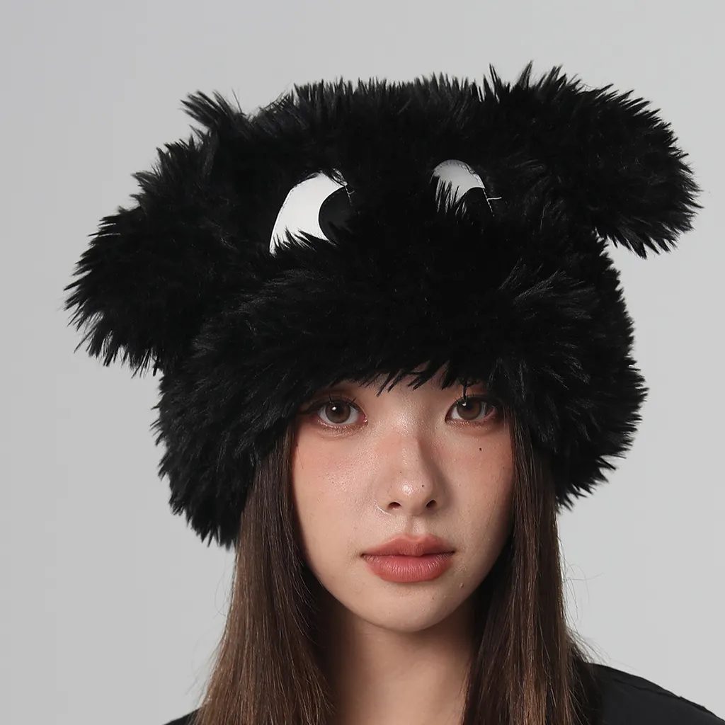Ear Hat Cute Cartoon Eyes Warm Plush Hat - Black