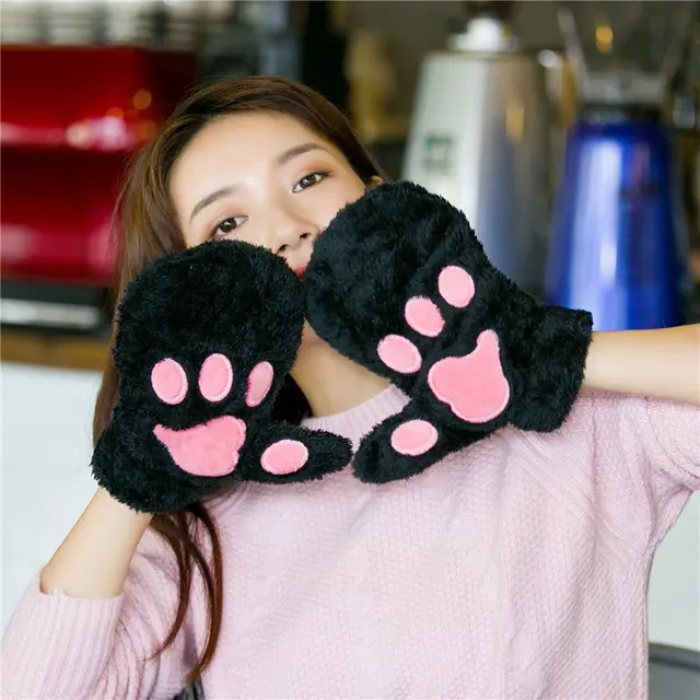 Cat's Paw Cute Plush Thickened Winter Women's Gloves Black - Shop at LoveMi
