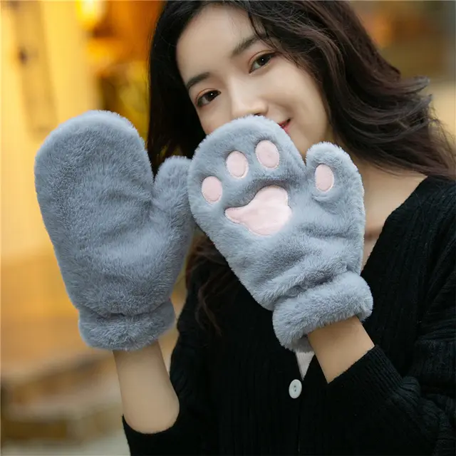 Cat's Paw Cute Plush Thickened Winter Women's Gloves Gray - Shop at LoveMi