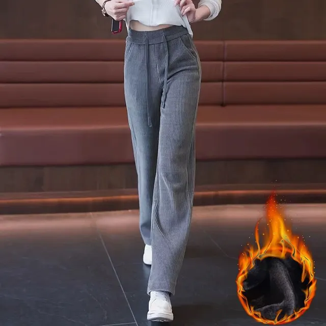 Women's Wide leg Pants Autumn And Winter New High Waist Drooping Straight Thickening Pants Gray Fleece Lined Thick Winter - Shop at LoveMi