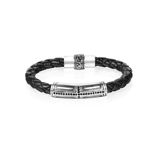 Stainless Steel Ornament Leather Rope Bracelet Black - Shop at LoveMi