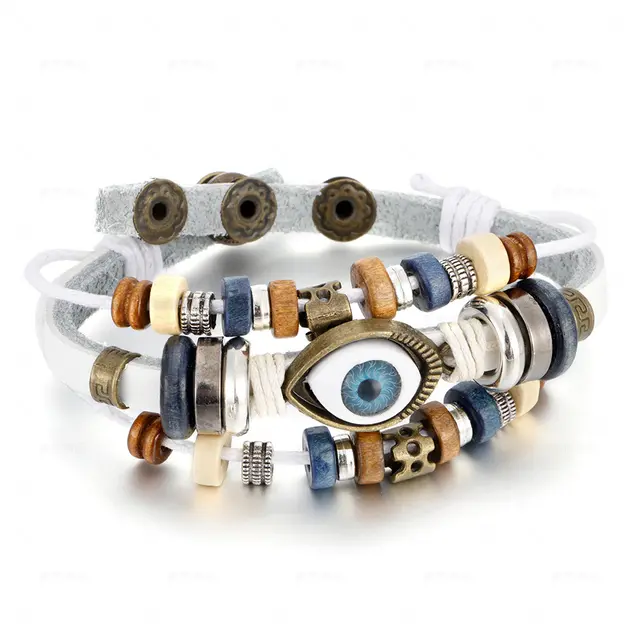 Popular Ethnic Style Multi layer Cowhide Hand woven Beads Leather Cord Bracelet Adjustable White - Shop at LoveMi