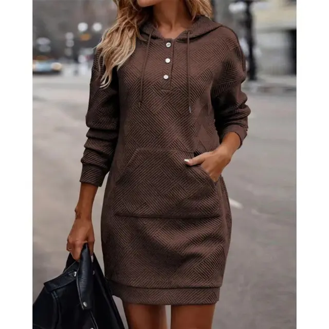 Solid Long Hoodies Sweater With Pocket Mid length Hooded Sweatshirt Womens Clothing Brown - Shop at LoveMi