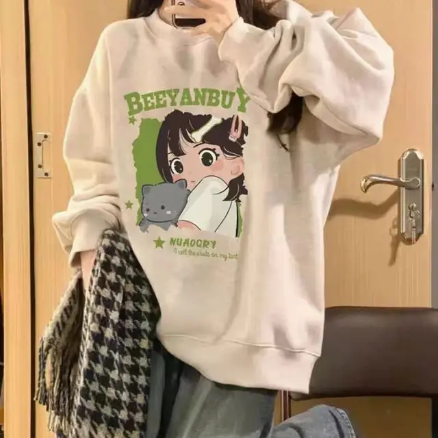 New Autumn And Winter Long sleeved Sweater Women's Korean style Fleece lined Idle Style Round Neck Cartoon Printing Light Gray - Shop at LoveMi