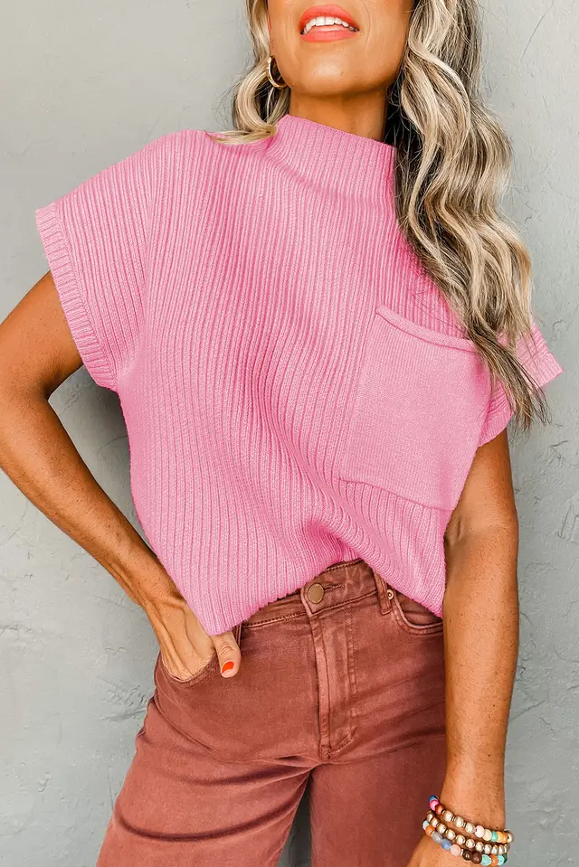 Short Sleeve Half Turtleneck Pullover Leisure Sweater For Women Pink - Shop at LoveMi