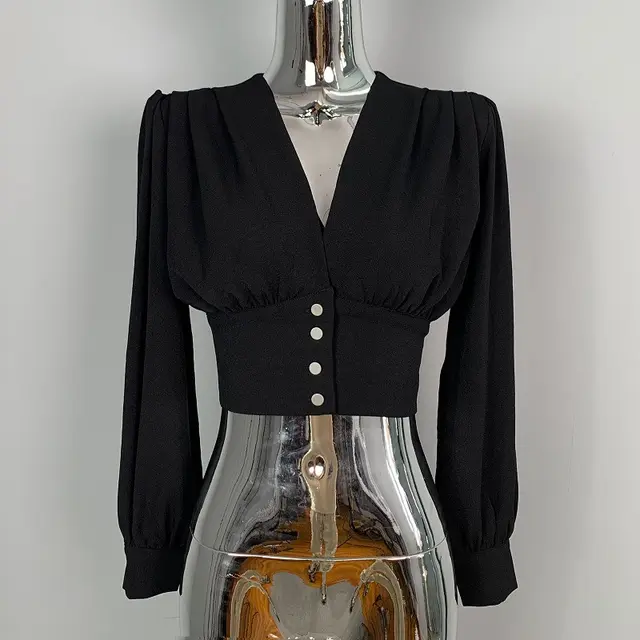 Slim Fit Waist Trimming Short Navel Sexy Deep V neck Elegant Long Sleeve Blouse Ladies Black - Shop at LoveMi