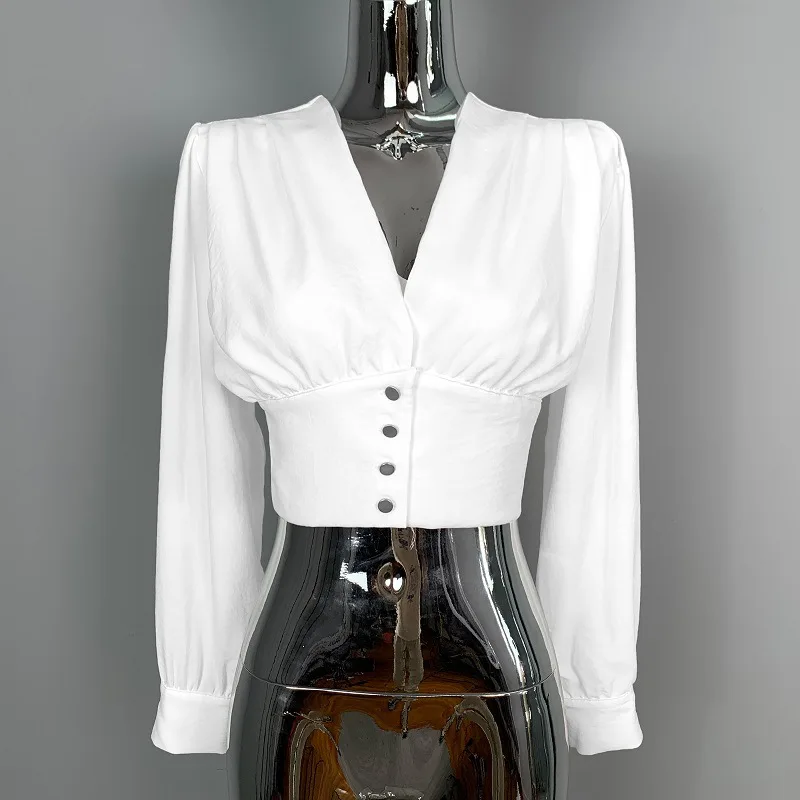 Slim Fit Waist Trimming Short Navel Sexy Deep V neck Elegant Long Sleeve Blouse Ladies White - Shop at LoveMi