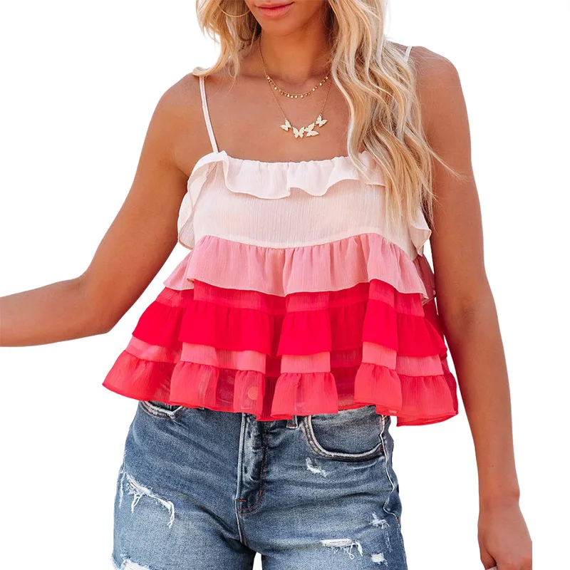 Gradient Ruffled Spaghetti Strap Tank Top Women's Summer New Tube Top Red - Shop at LoveMi