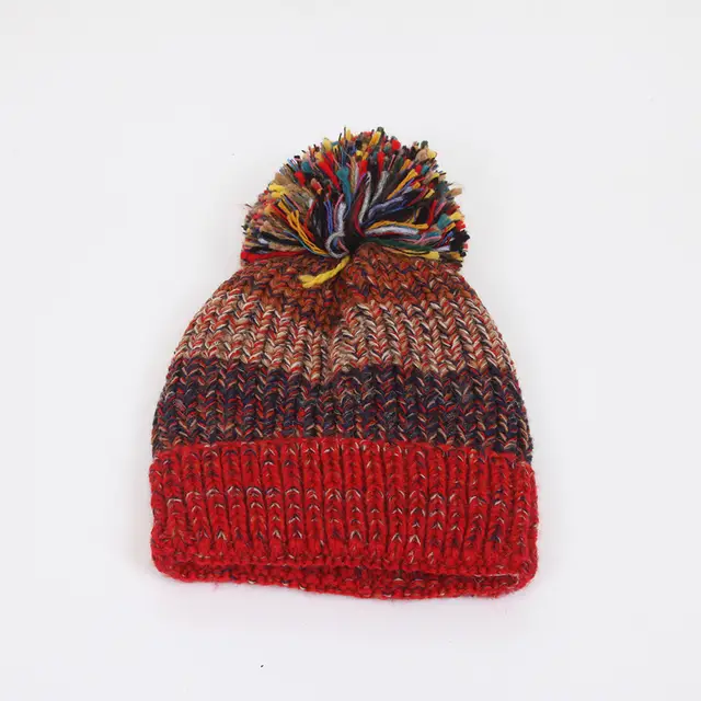 New Korean Style Cute Fur Ball Fishbone Color Stitching Thickened Women's Knitted Hat Red - Shop at LoveMi