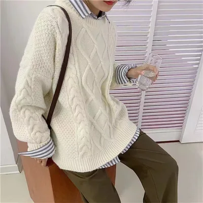 Wind Pullover Loose Round Neck Thick Hemp Flowers Knitted Outerwear Thickened Red Christmas Sweater For Women Beige - Shop at LoveMi