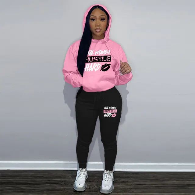 Plus Velvet Hoodie Casual Printed Sports Suit Pink Black - Shop at LoveMi