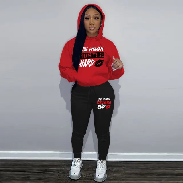 Plus Velvet Hoodie Casual Printed Sports Suit Red Black - Shop at LoveMi