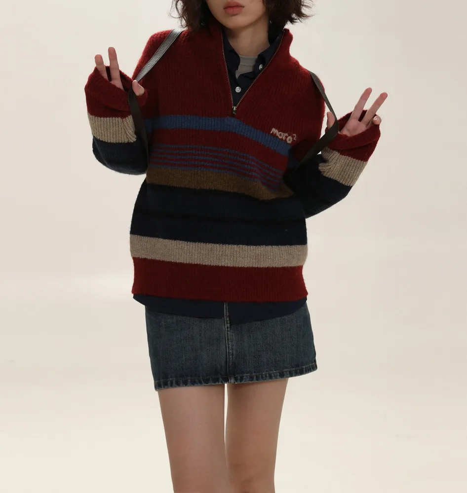 Retro College Style Half Zipped Stand Collar Hand Embroidered Striped Sweater Red - Shop at LoveMi