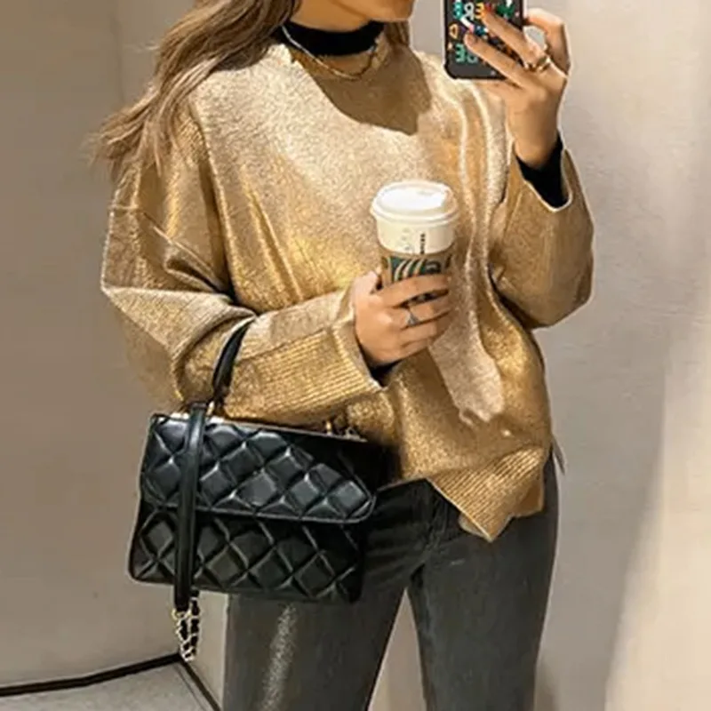 Long Sleeve Gilding Round Neck Elegant Knitted Sweater Bronzing Sweater - Shop at LoveMi