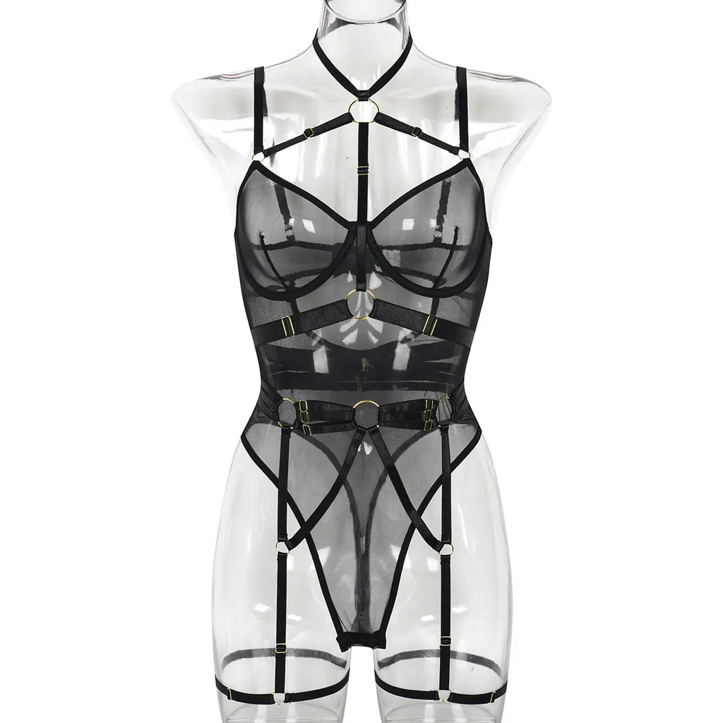 European And American Leopard Print Sheer Mesh Strap Sexy Lingerie With Steel Ring - Black