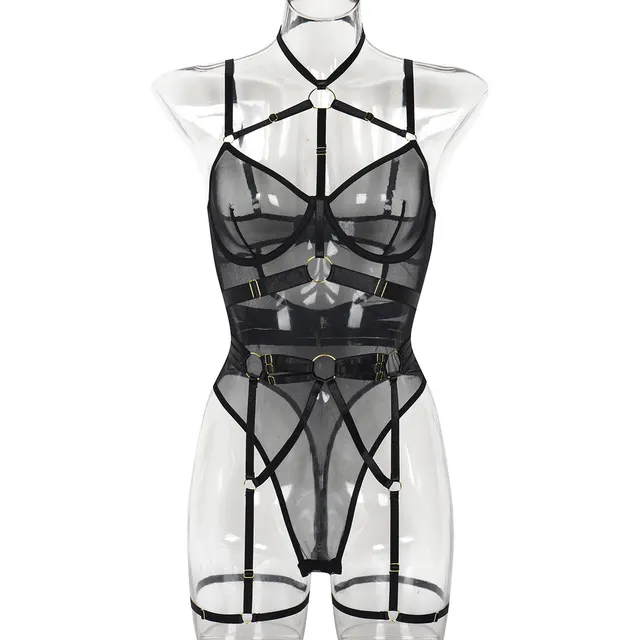 European And American Leopard Print Sheer Mesh Strap Sexy Lingerie With Steel Ring Black - Shop at LoveMi