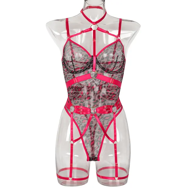 European And American Leopard Print Sheer Mesh Strap Sexy Lingerie With Steel Ring Burgundy Red - Shop at LoveMi