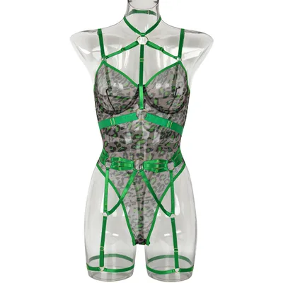European And American Leopard Print Sheer Mesh Strap Sexy Lingerie With Steel Ring Green - Shop at LoveMi