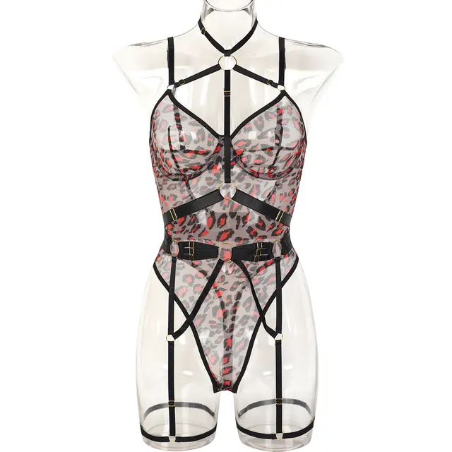 European And American Leopard Print Sheer Mesh Strap Sexy Lingerie With Steel Ring Leopard Print - Shop at LoveMi