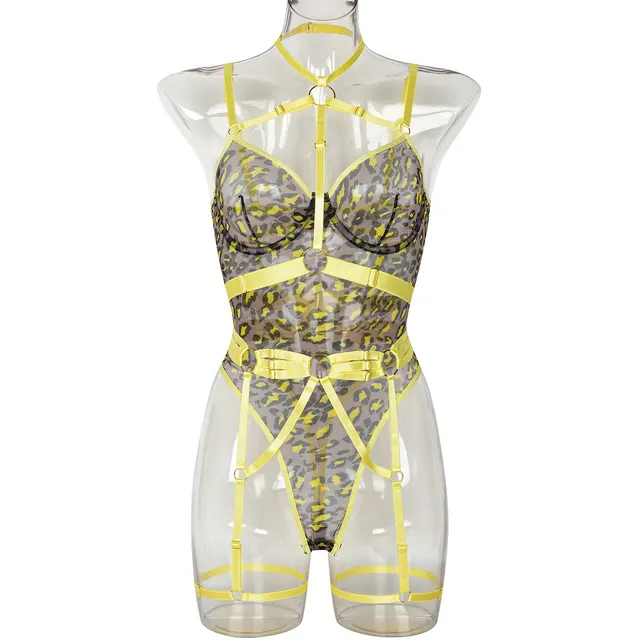 European And American Leopard Print Sheer Mesh Strap Sexy Lingerie With Steel Ring Yellow - Shop at LoveMi