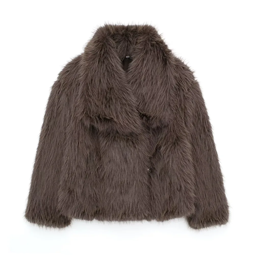 Women's Lapel Long Sleeve Faux Fur Snap Cardigan Loose Short Coat - Coffee