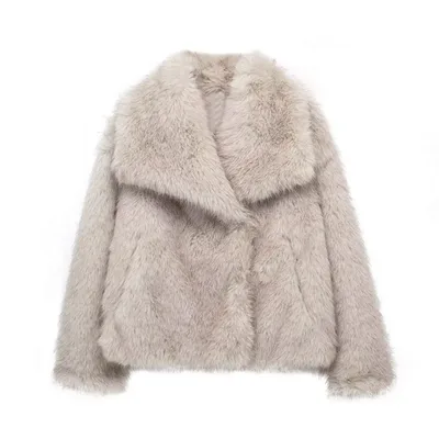 Women's Lapel Long Sleeve Faux Fur Snap Cardigan Loose Short Coat Picture Color Xs - Shop at LoveMi