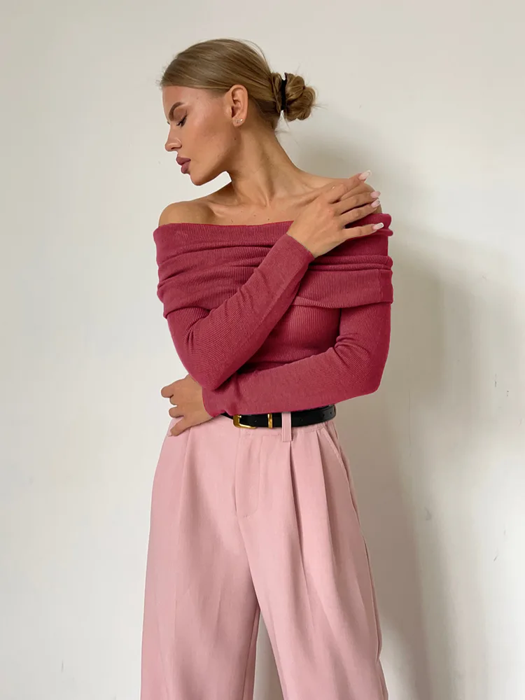 Winter Sexy Slim fit Cashmere Off neck Long Sleeve Bottoming Sweater Brick Red - Shop at LoveMi