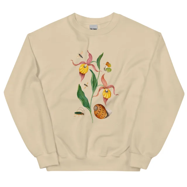 Orchid Flower And Friends Sweatshirt European American Fashion Floral Print Crew Neck Autumn Winter Sweater Sand Color - Shop at LoveMi