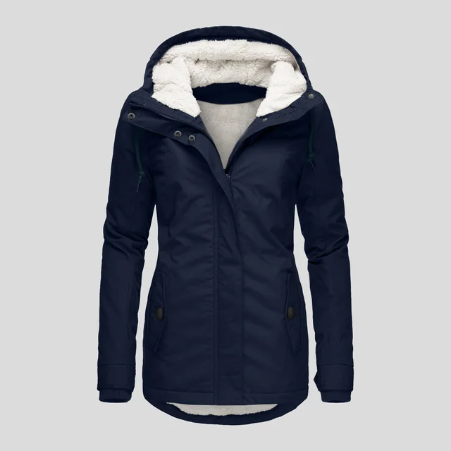 Winter Hooded Jacket Solid Color Warm Buckle Zip up Fleece Jacket With Pockets Women's Casual Jacket Navy Blue - Shop at LoveMi