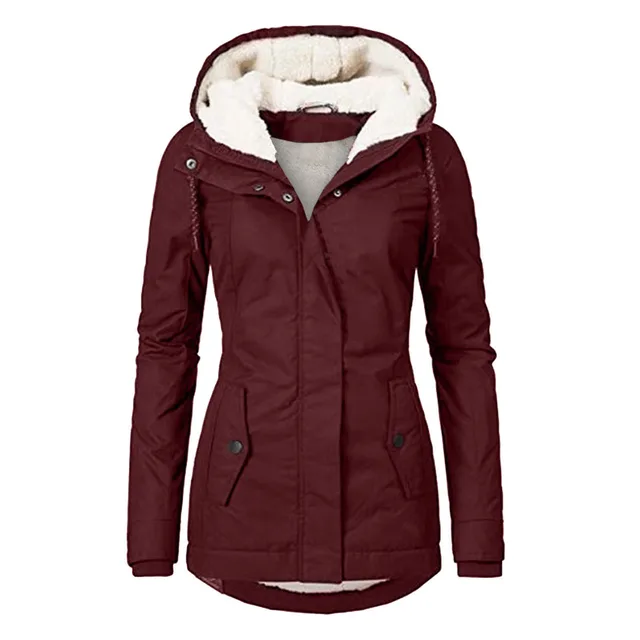 Winter Hooded Jacket Solid Color Warm Buckle Zip up Fleece Jacket With Pockets Women's Casual Jacket Wine Red - Shop at LoveMi