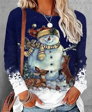 Round Neck Long Sleeve Sweater Plus Size Christmas Print - 4 Models