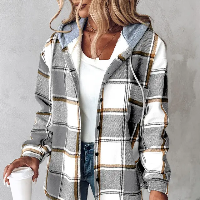Plaid Hooded Jacket Fashion Casual Button Pocket Coat Autumn And Winter Women's Clothing Gray - Shop at LoveMi