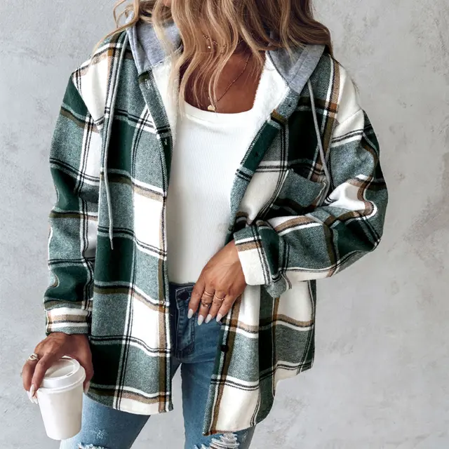 Plaid Hooded Jacket Fashion Casual Button Pocket Coat Autumn And Winter Women's Clothing Green - Shop at LoveMi