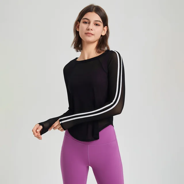 Sports T shirt Mesh Quick drying Long Sleeve Slim Fit Breathable Running Fitness Top Yoga Clothes Blouse Black - Shop at LoveMi