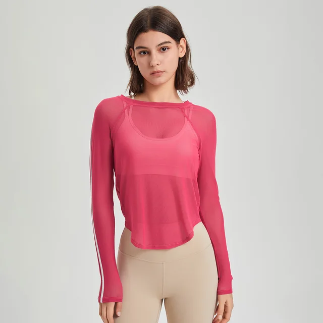 Sports T shirt Mesh Quick drying Long Sleeve Slim Fit Breathable Running Fitness Top Yoga Clothes Blouse Pitaya - Shop at LoveMi