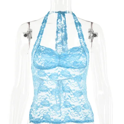 Lace Splicing Sling Halter Small Top Women's Sexy Hot Girl See through T shirt Blue - Shop at LoveMi