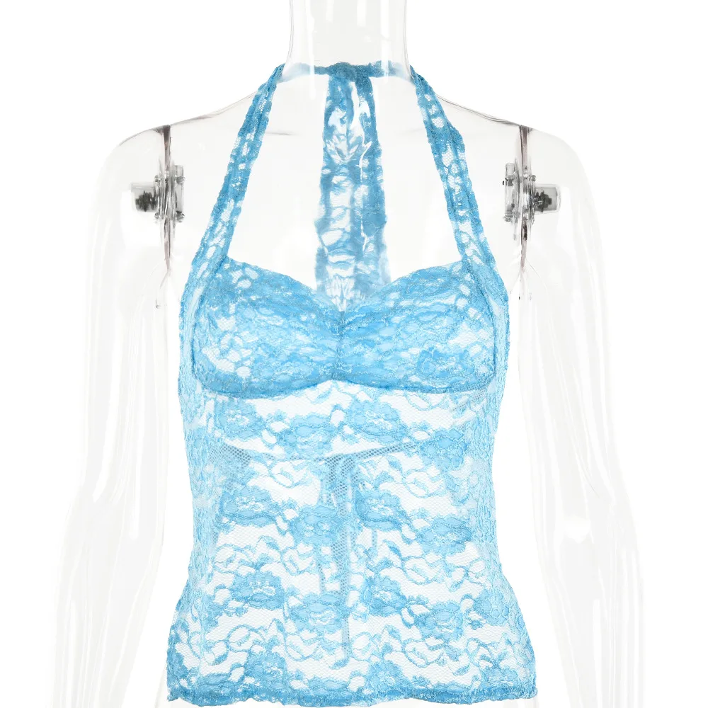 Lace Splicing Sling Halter Small Top Women's Sexy See through T shirt Blue - Shop at LoveMi