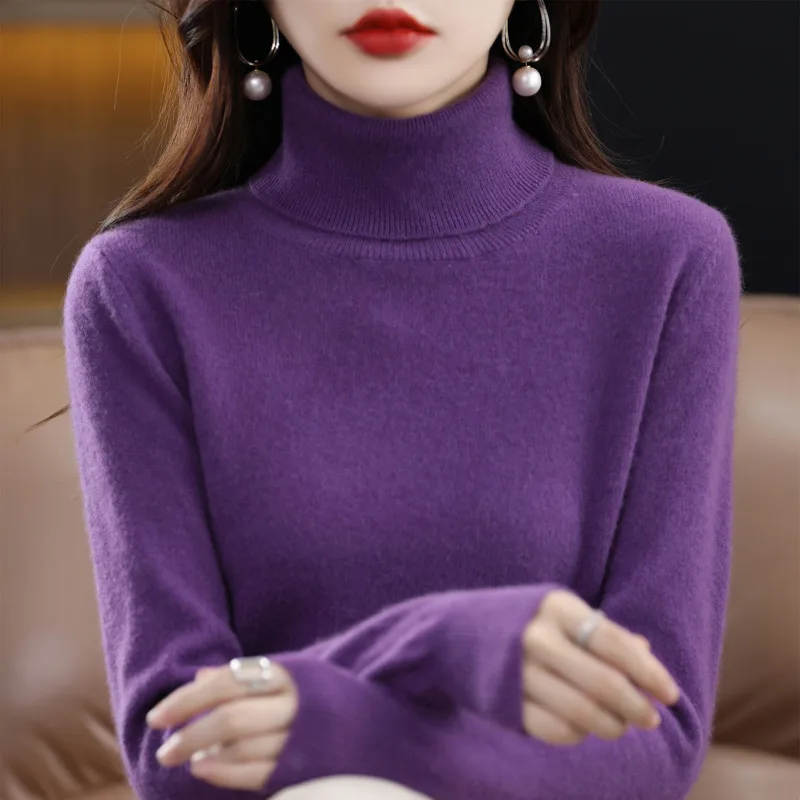 Lapel Sweater Women's Autumn And Winter Women's Solid Color Turtleneck Knitting Bottoming Shirt Sweater Violet M - Shop at LoveMi