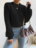 Half Turtleneck Solid Color Long Sleeve Knitted Warm Sweater - Black