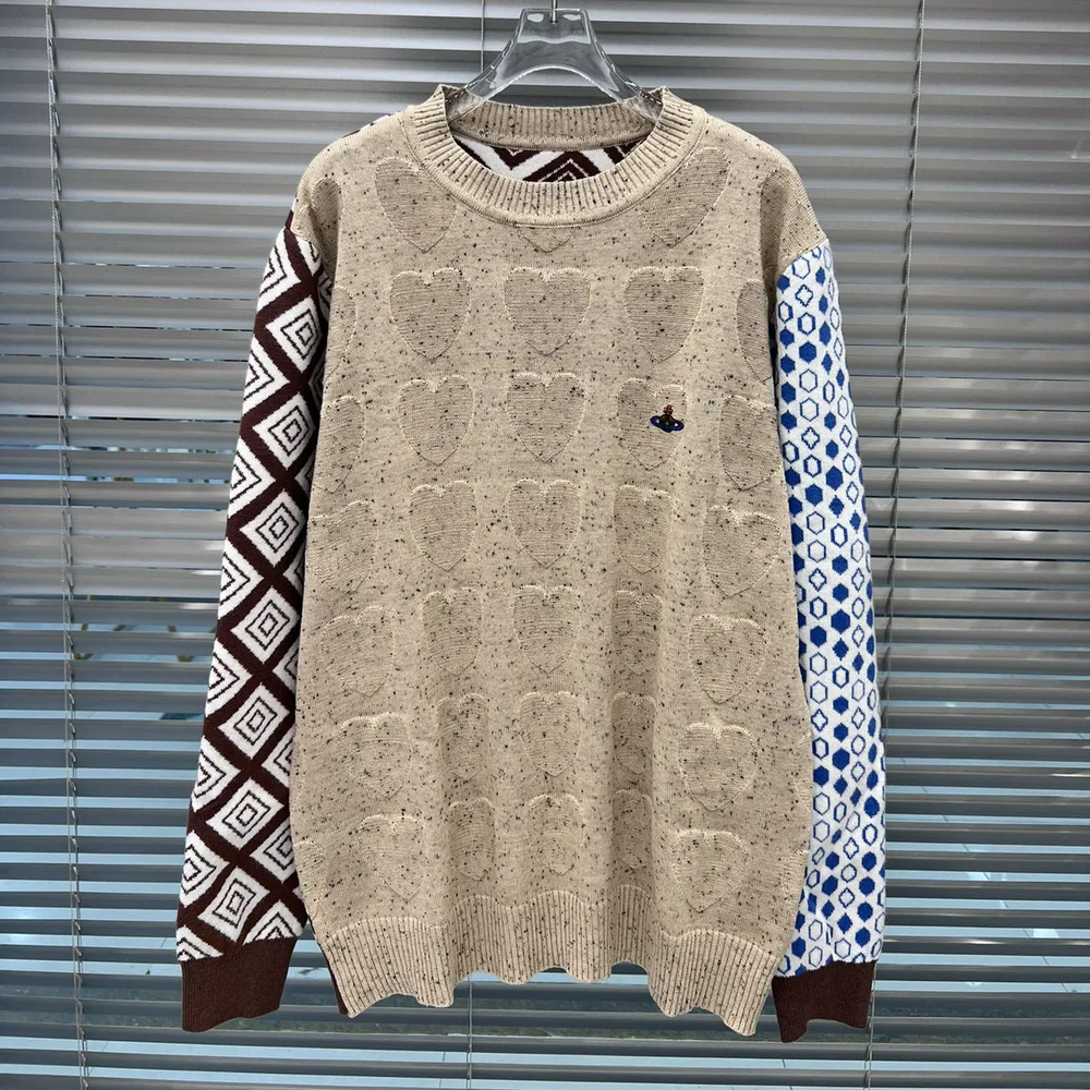 Embroidered Vintage Rhombus Jacquard Color Matching Sleeve Sweaters Circle Double sided Rhombus Long Sleeve Top Color Matching - Shop at LoveMi