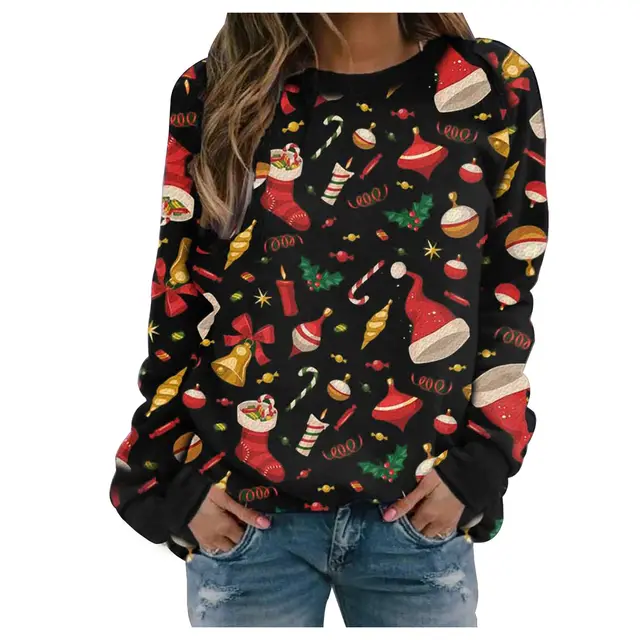 European And American Christmas Printed Round Neck Long Sleeve Fleece Sweater Black Christmas Hat - Shop at LoveMi
