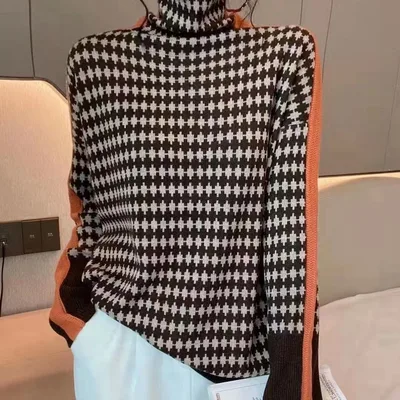 Loose Pile Collar Bottoming Shirt Women's Houndstooth Turtleneck Sweater Cross Pattern Brown - Shop at LoveMi