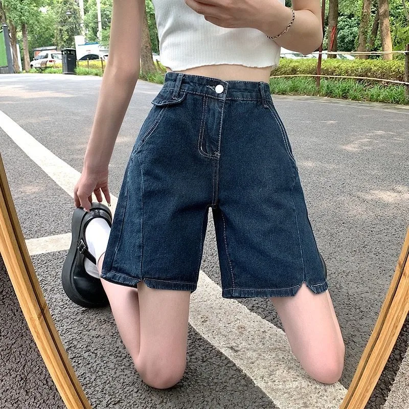 Summer Korean Style Plus Size High Waist Slit Denim Shorts For Women Blue - Shop at LoveMi