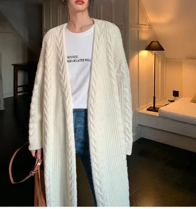Autumn And Winter New Knitted Cardigan Women's Long Cable knit Sweater Beige - Shop at LoveMi
