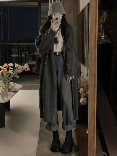 Autumn And Winter New Knitted Cardigan Women's Long Cable knit Sweater Gray - Shop at LoveMi