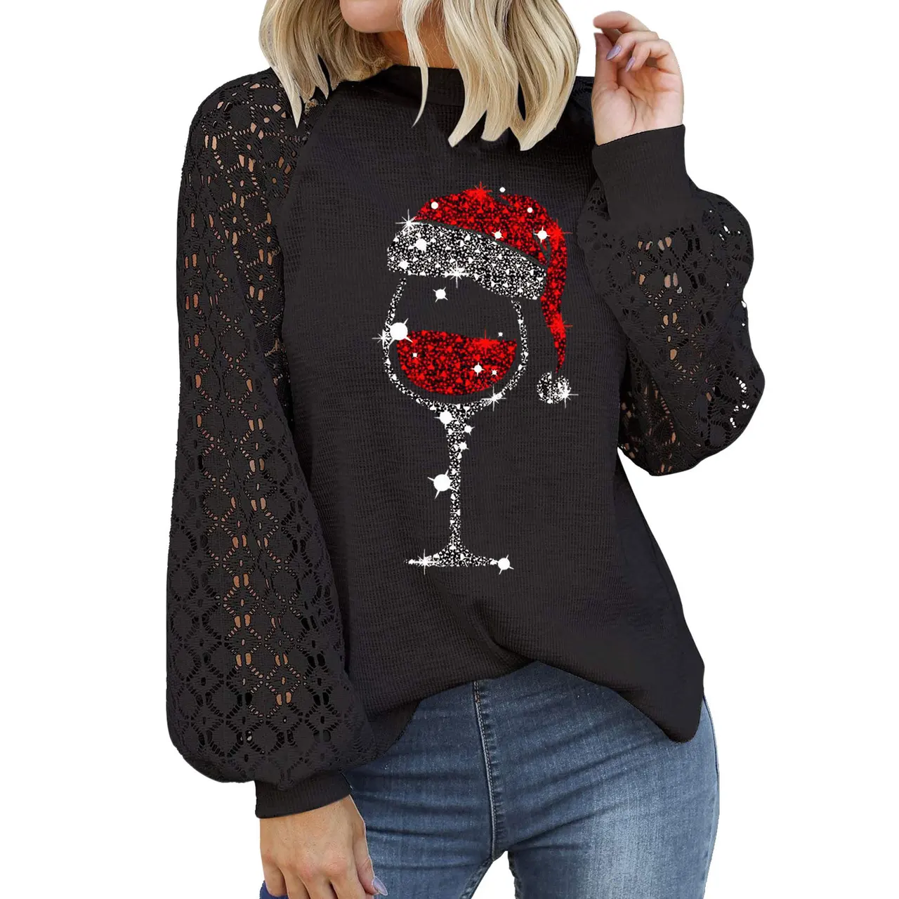 Floral Print Long Sleeve Pullover Women - Black