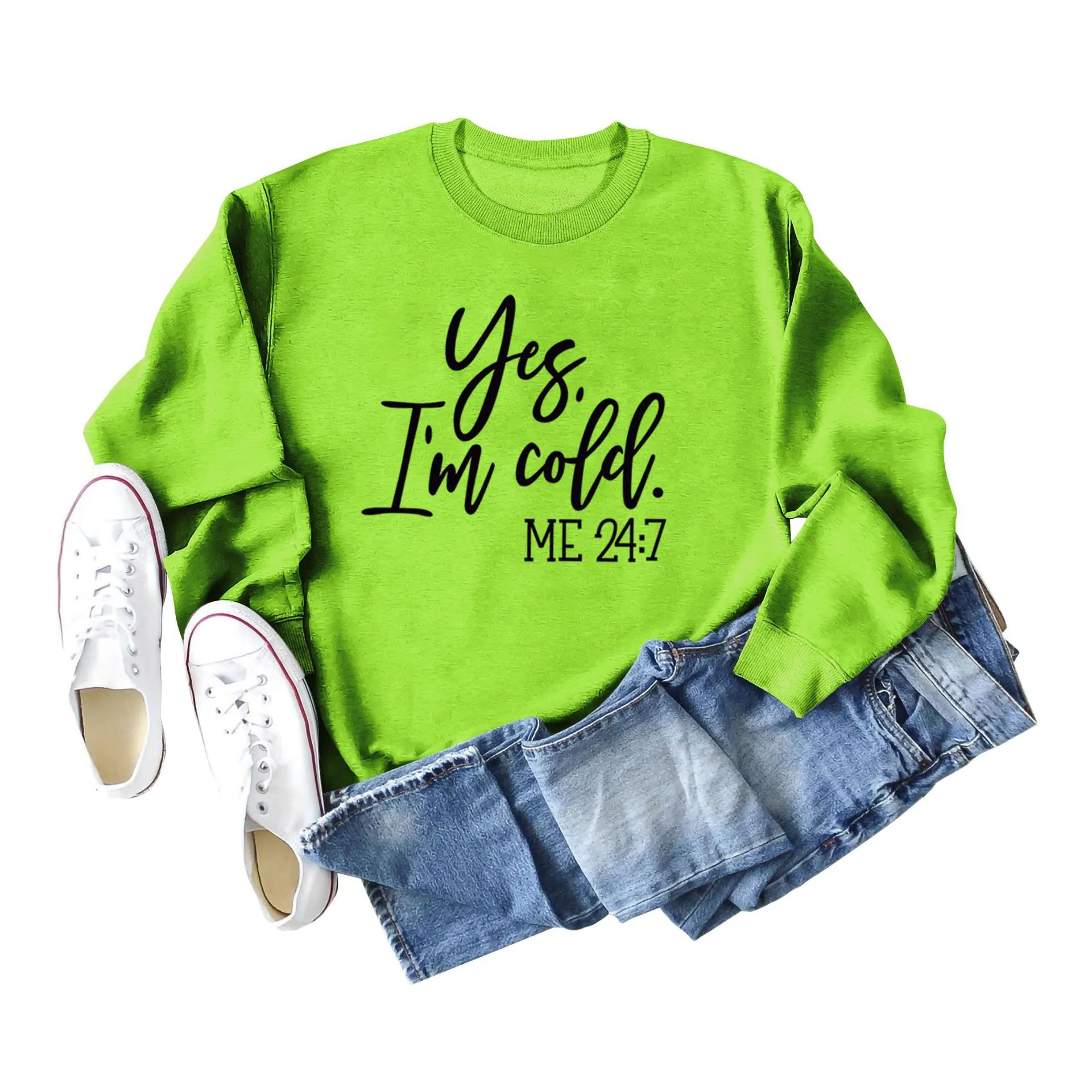 Letter Print Sweatshirt Crew Neck Cotton Women's Retro Fashion - Fluorescent Green Black Font - View 1