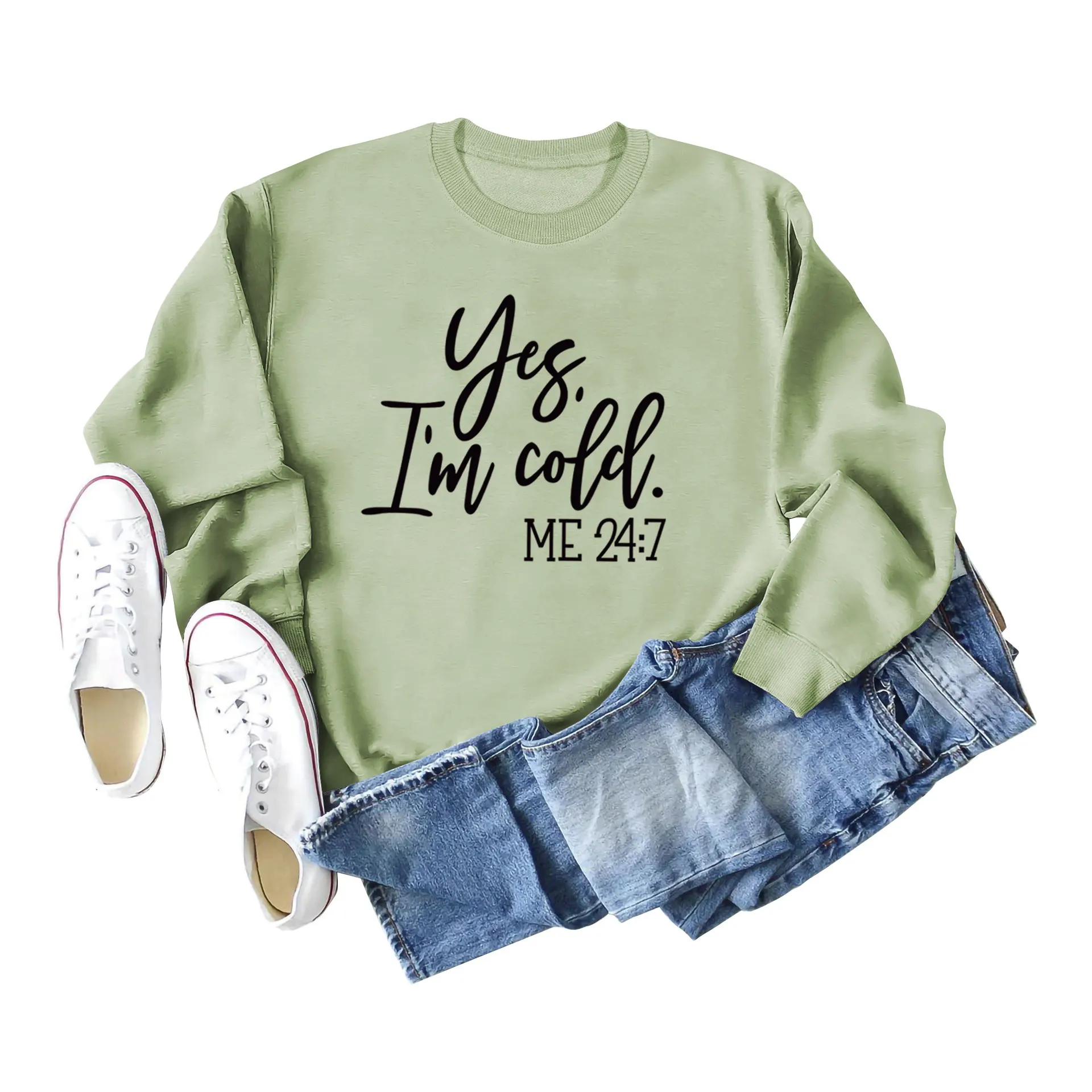 Letter Print Sweatshirt Crew Neck Cotton Women's Retro Fashion - Olive Green Sweater
