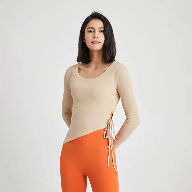 Side Tether Workout Clothes T shirt Slim Fit Tights Milk Tea - Shop at LoveMi
