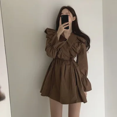 French Lolita Princess Dress Western Style Puff Sleeve Stitching Lace Coffee Color - Shop at LoveMi